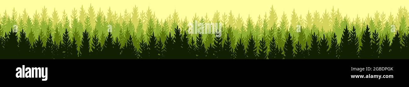 Coniferous forest silhouette. Wild trees. Pine, cedar, spruce, fir, larch. Siberian taiga. Beauty of harsh northern nature. Landscape is horizontal Stock Vector