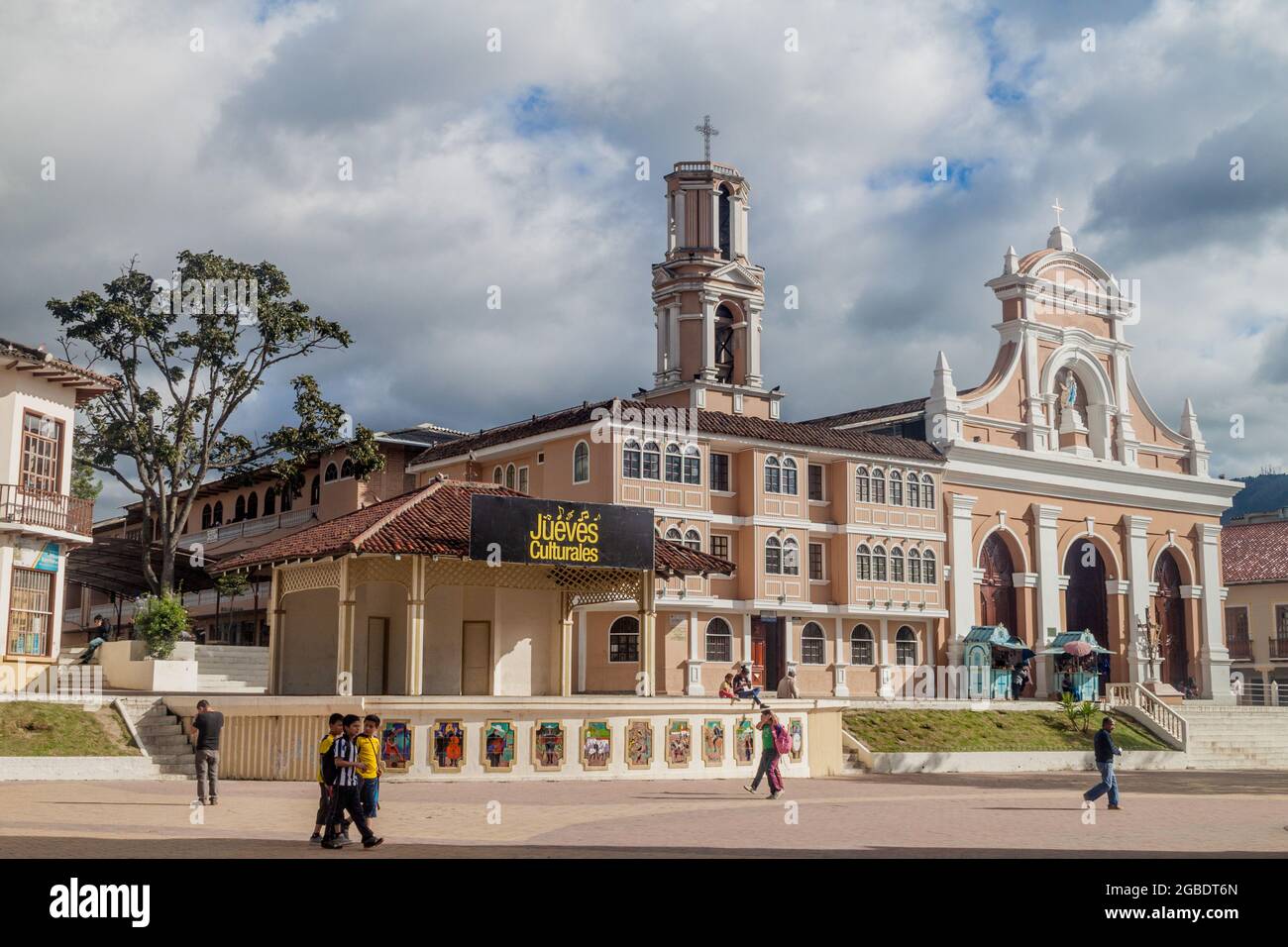 LOJA, ECUADOR - JUNE 15, 2015: Plaza de la Independencia square and Church of San Sebastian in Loja, Ecuador Stock Photo