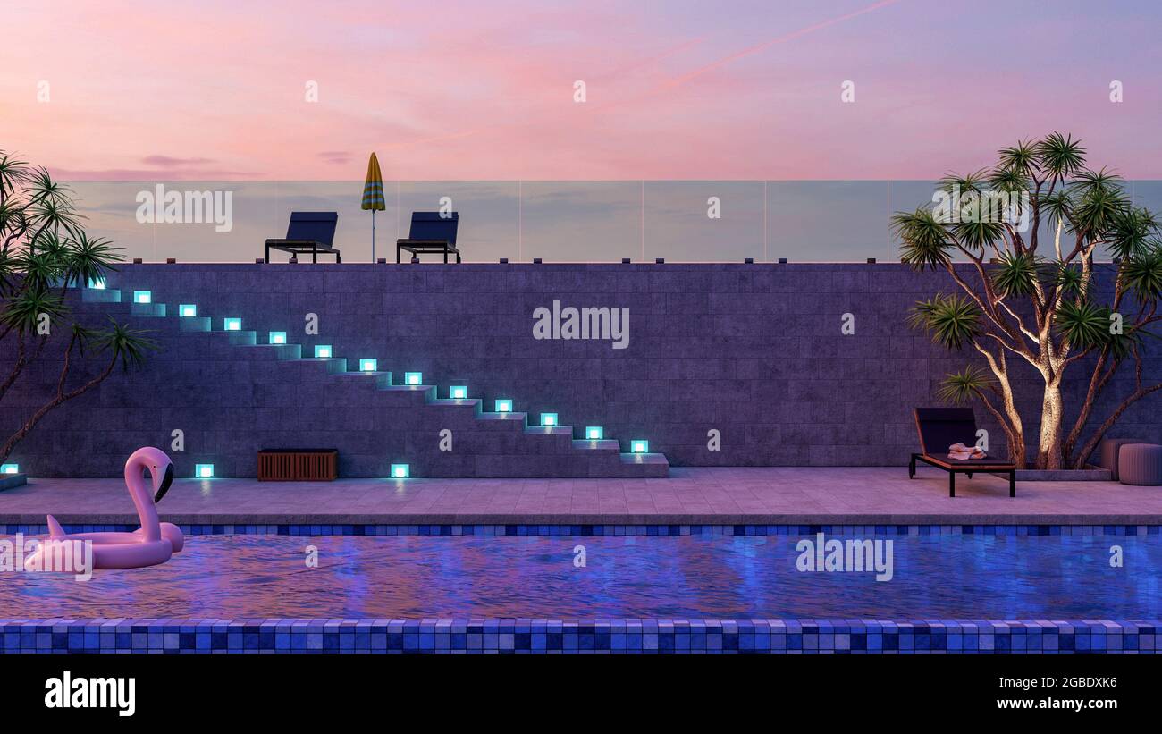 Swimming pool and lounge chairs in modern luxury villa exterior in the dusk, 3d rendering Stock Photo