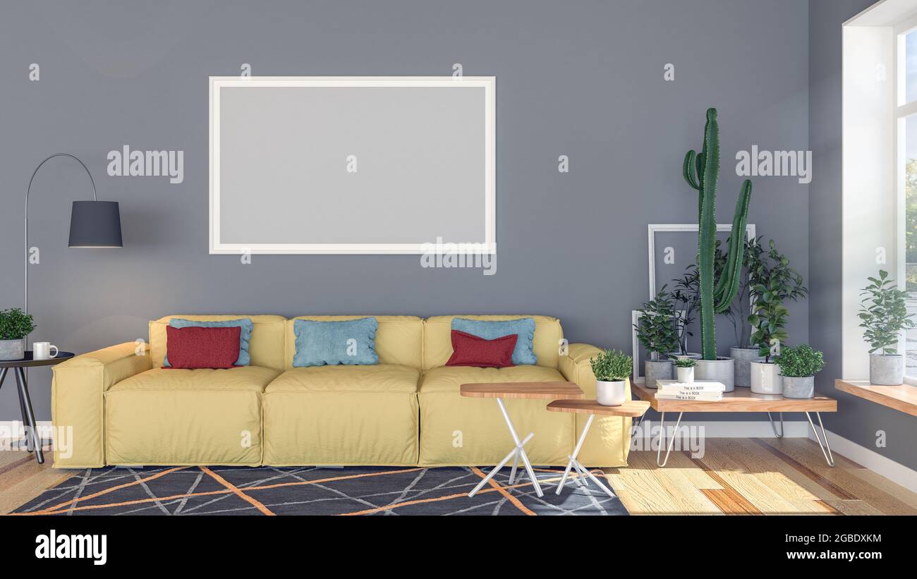 Interior of modern living room with blank empty photo frame on wall, 3d rendering Stock Photo