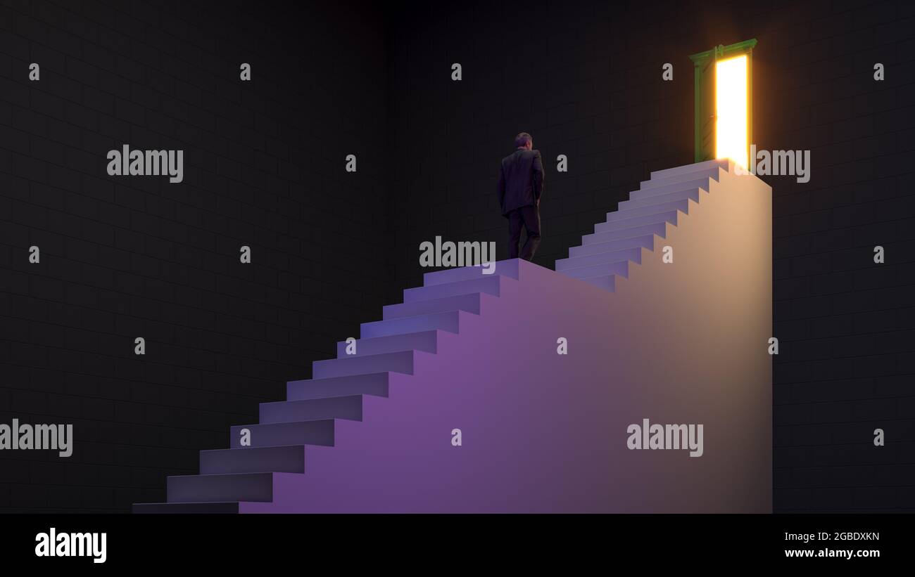 Businessman walking up on stairs to the door of opportunity for career development or business decision for new challenge, 3d rendering Stock Photo