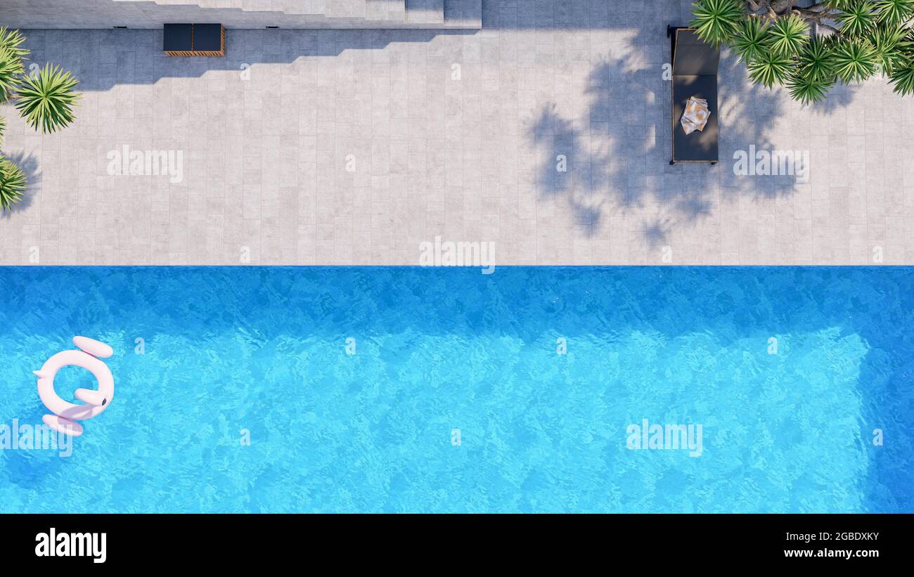 Top view of swimming pool with lounge chairs in modern luxury villa exterior, 3d rendering Stock Photo