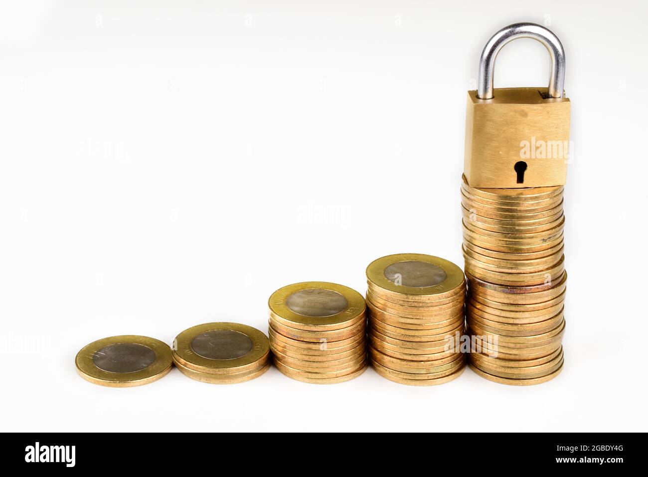 Coin Stack With Lock Isolated On White Background With Clipping Path ...