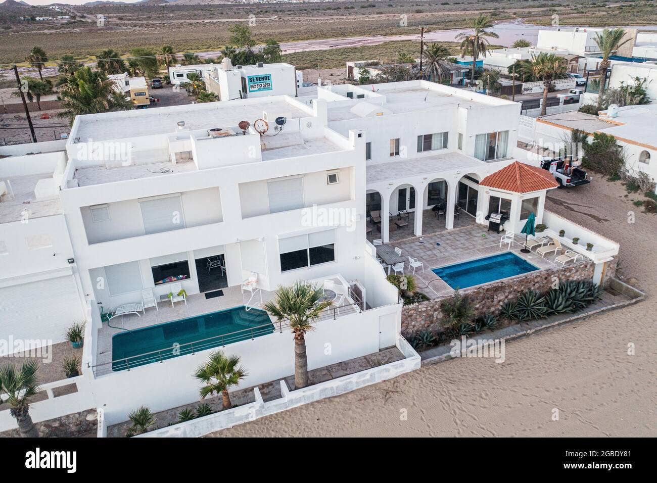 Aerial view of white beach houses in Kino Bay, Sonora, Mexico