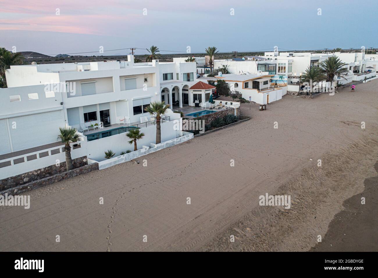 Aerial view of white beach houses in Kino Bay, Sonora, Mexico