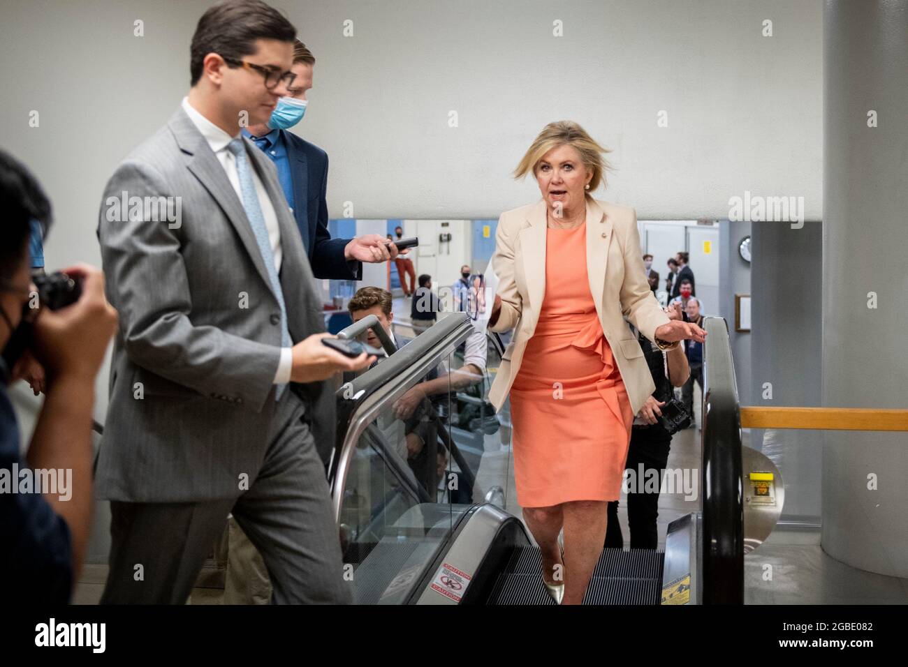 United States Senator Marsha Blackburn (Republican of Tennessee) walks through the Senate subway during a vote at the US Capitol in Washington, DC, Tuesday, August 3, 2021. Credit: Rod Lamkey/CNP Stock Photo