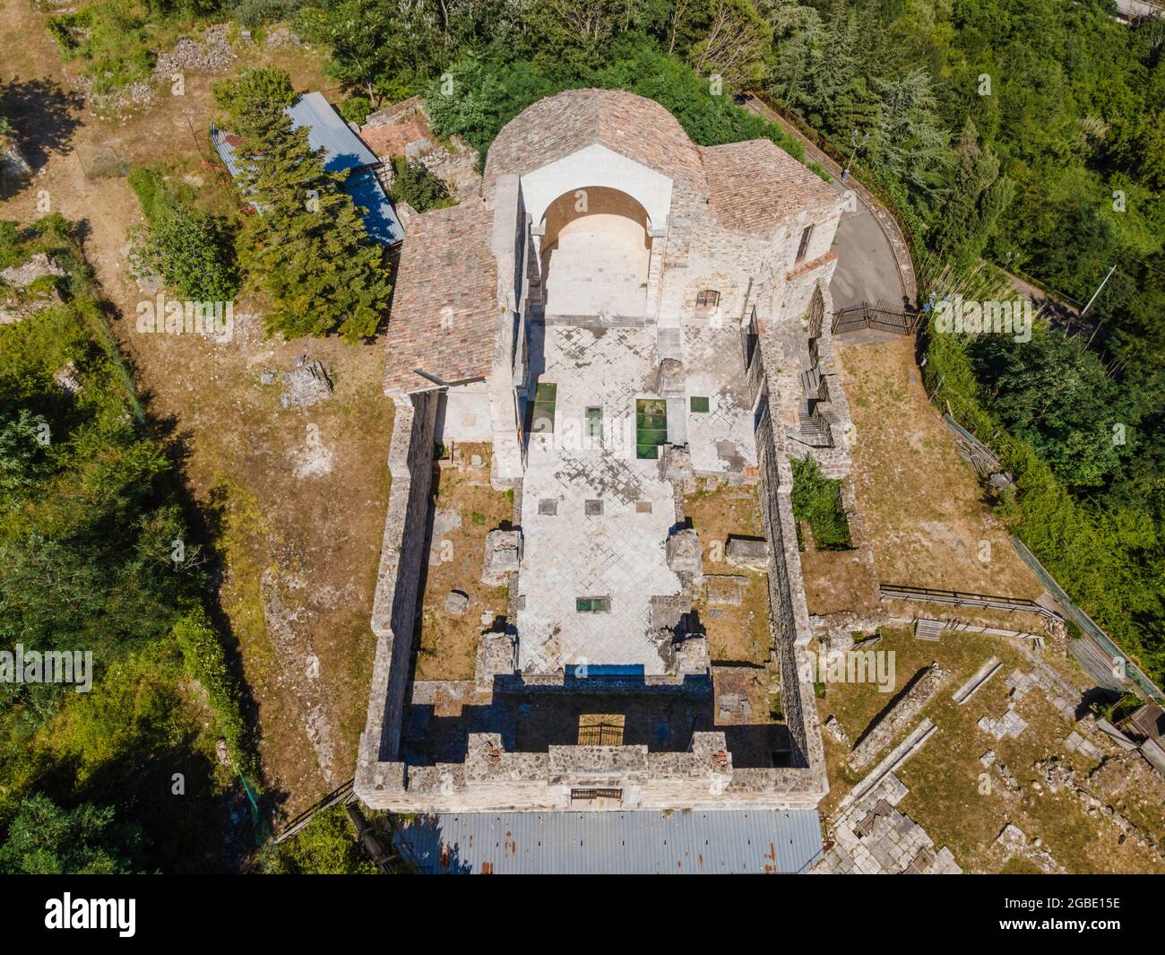 Aerial view of a destroyed and collapsed church due 1980 Irpinia