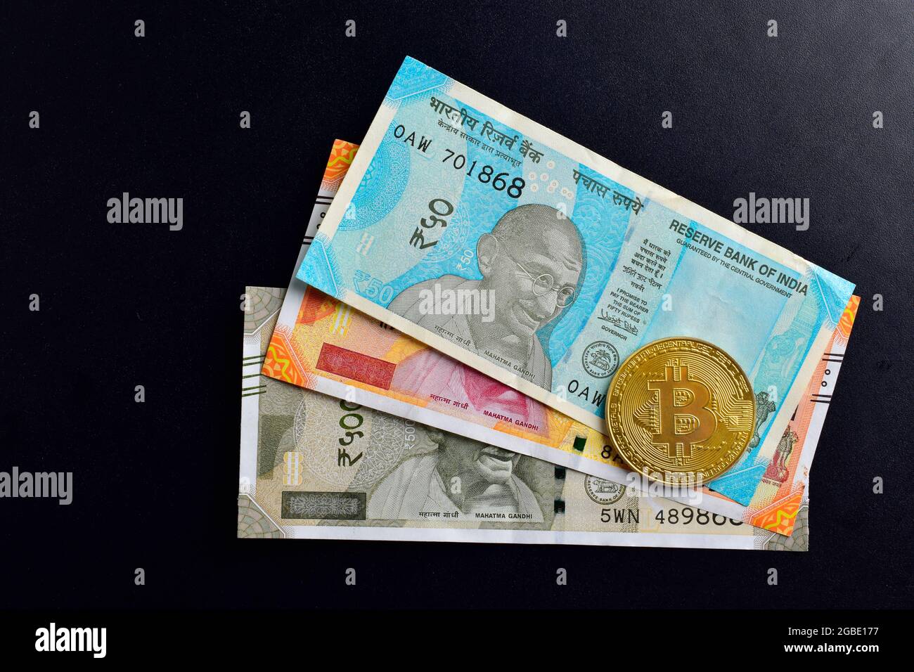 Top View Of Bitcoin With Indian Currency Stock Photo