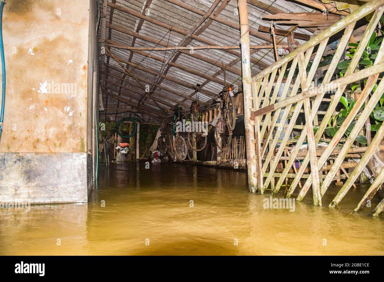 Hoogly, India. 03rd Aug, 2021. A home seen flooded in Hooghly. Incessant rainfall and discharge of water from Damodar Valley Corporation dams has inundated streets and homes, at least 15 people died due to flooding and about 2.5 lakh (250000)displaced in West Bengal. Credit: SOPA Images Limited/Alamy Live News Stock Photo