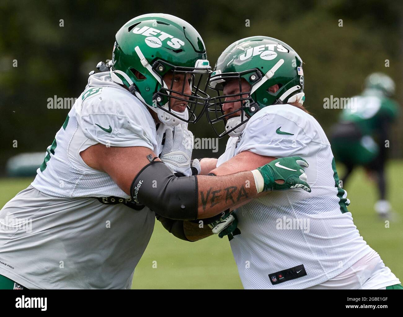 August 3, 2021, Florham Park, New Jersey, USA: New York Jets offensive guards Alijah Vera-Tucker (75) and Dan Feeney (67) battle during practice at the Atlantic Health Jets Training Center, Florham Park, New Jersey. Duncan Williams/CSM Stock Photo