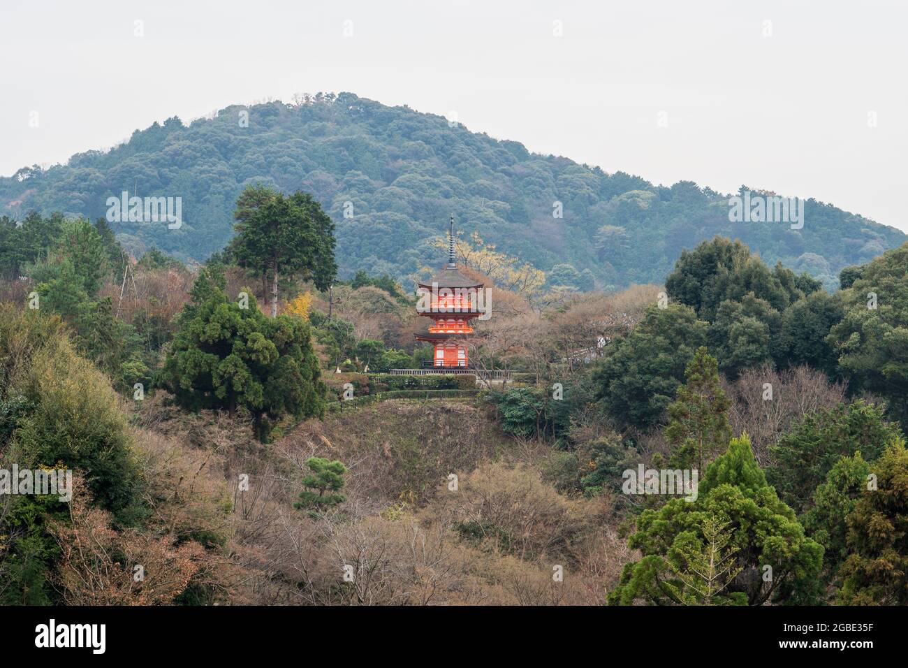 Kyoto, Japan –December 17, 2017: The Kiyomizu-dera Buddhist Temple grounds and the skyline of Kyoto Stock Photo