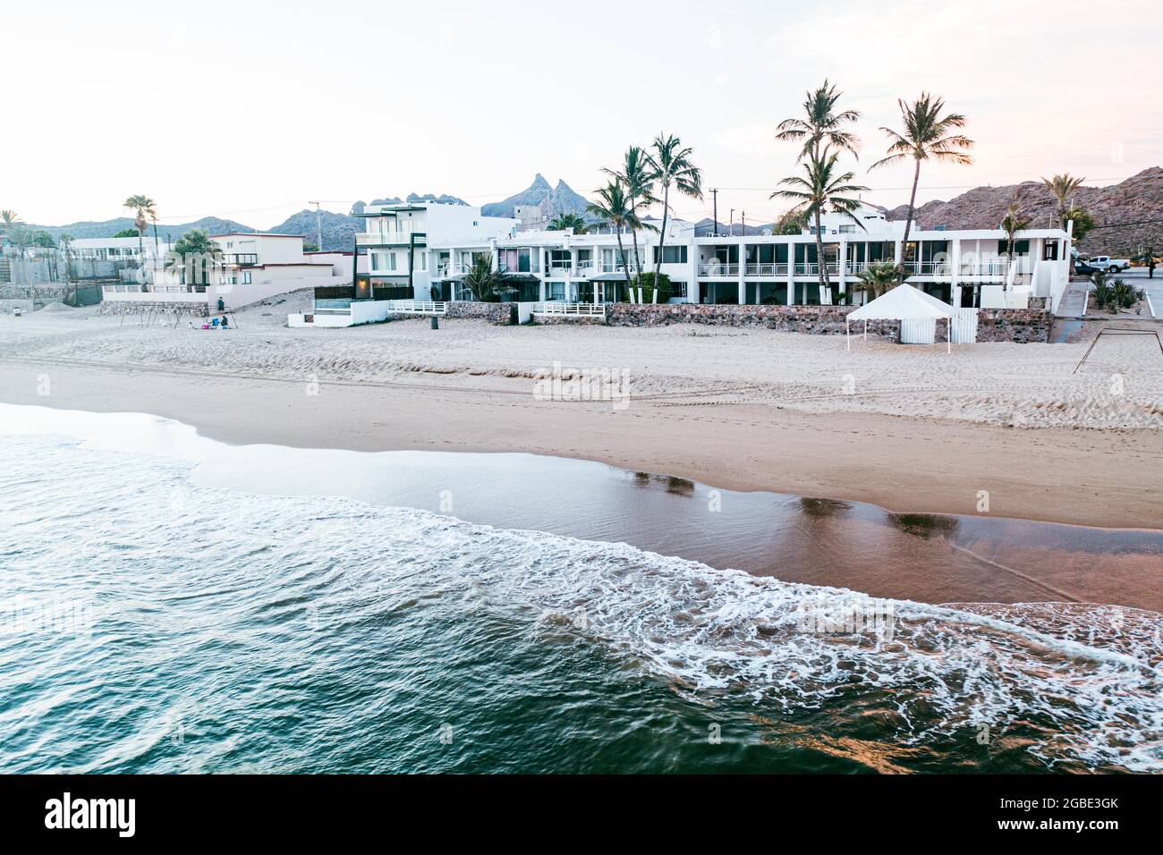 Aerial view of white beach houses in Kino Bay, Sonora, Mexico