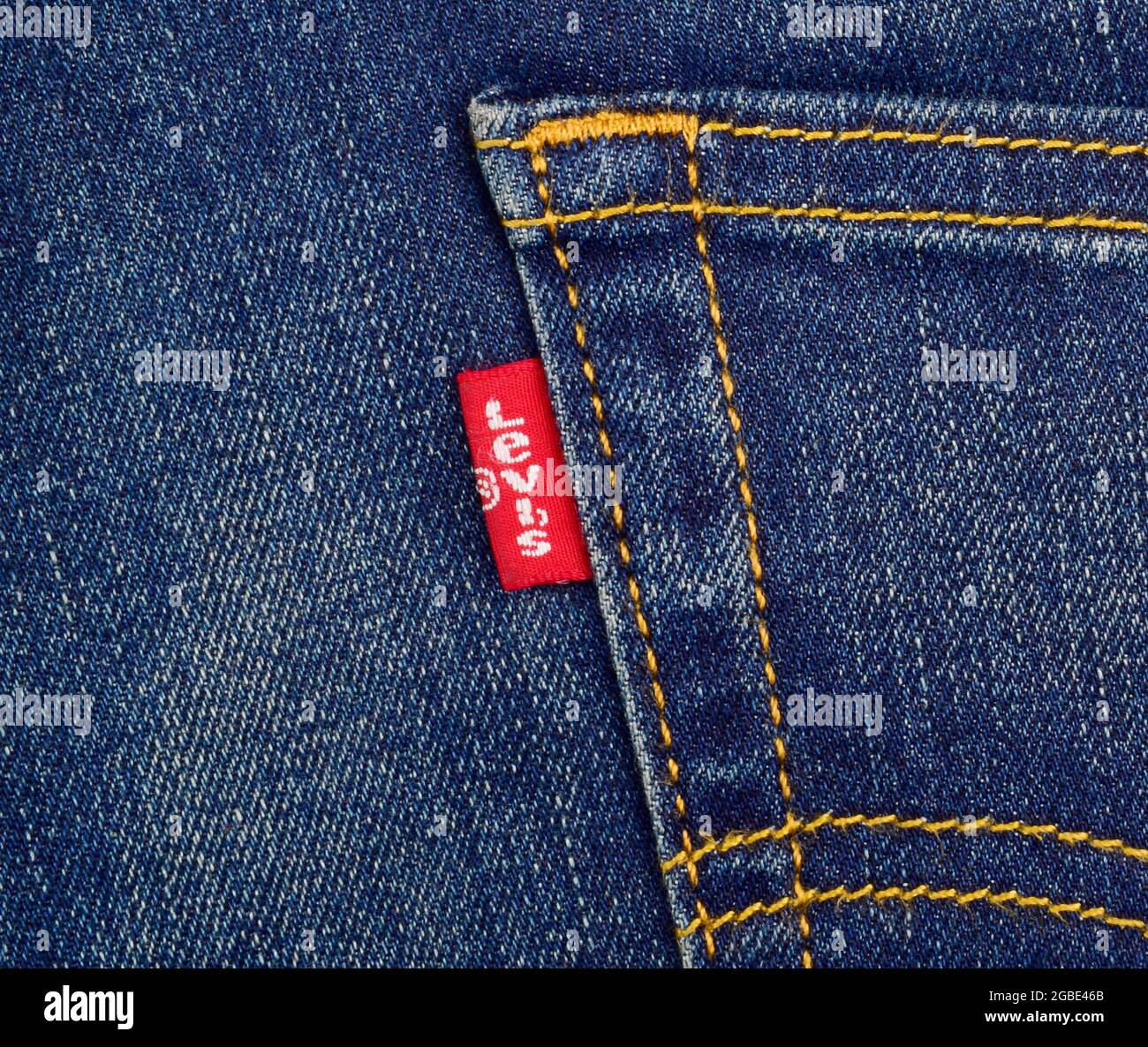 India, New Delhi, 15 Oct 2018: Close up of the LEVI'S red label on the back pocket of denim jeans. Stock Photo