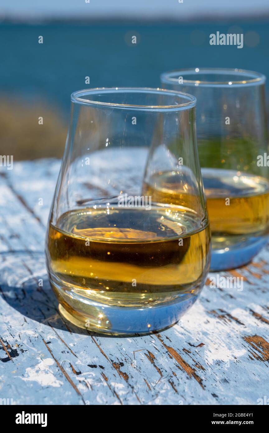 Tasting of single malt and blended Scotch whisky with blue sea, ocean