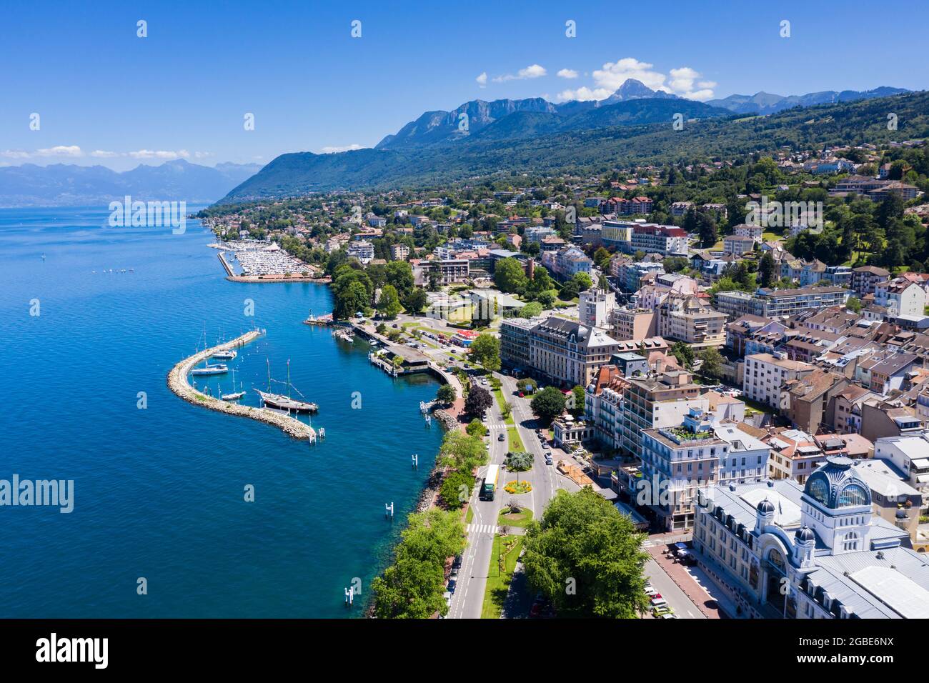 Aerial view of Evian (Evian-Les-Bains) city in Haute-Savoie in France ...