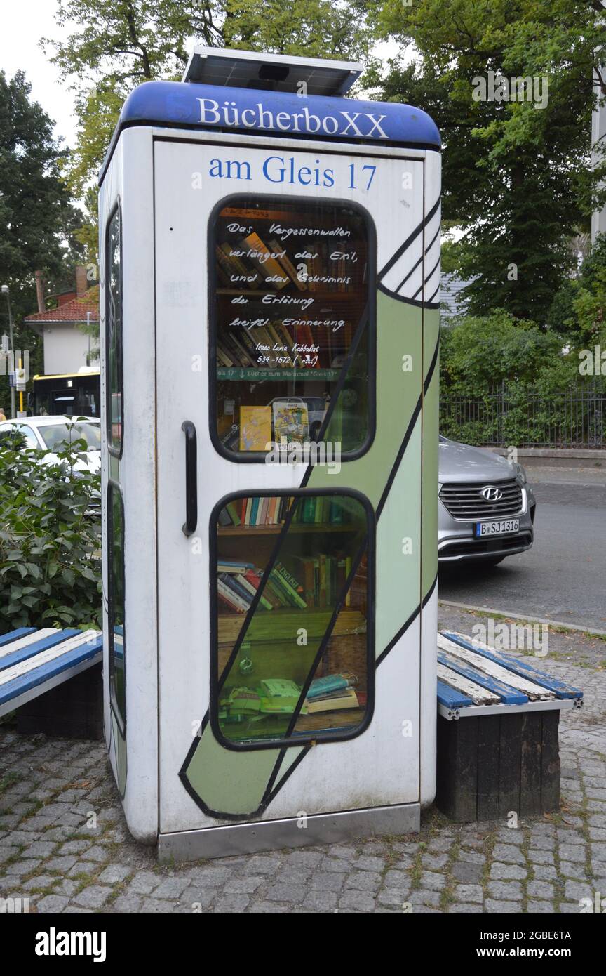 BücherboXX near the Gleis 17 memorial - Grunewald, Berlin, Germany  - August first, 2021. Stock Photo