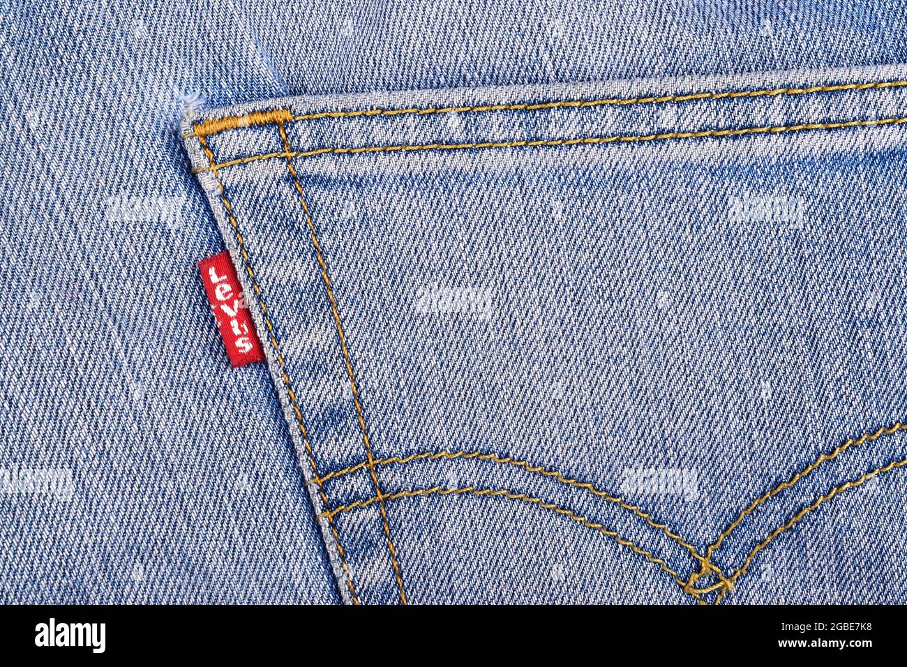 India, new Delhi - 16 Oct 2018: Close up of the LEVI'S red label on the back pocket of denim jeans. Stock Photo