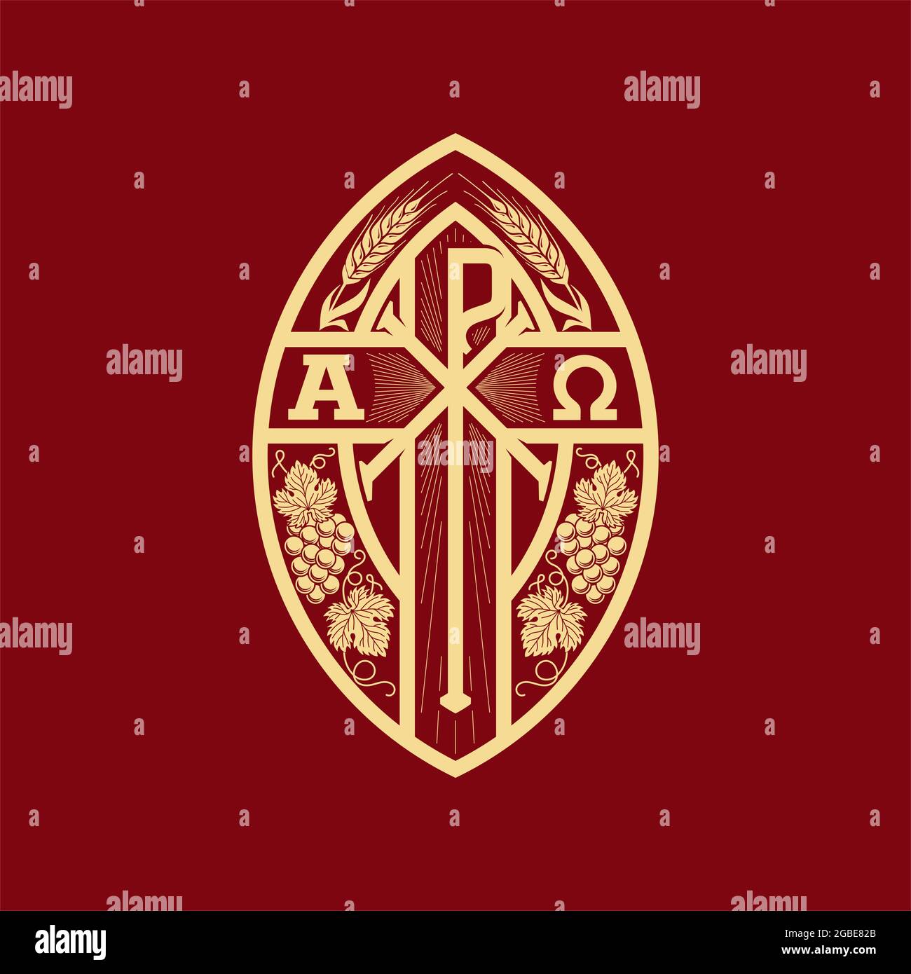 Christian illustration. Monogram of Jesus Christ - Chrismon. Wheat ears and a bunch of grapes are symbols of Christ and spiritual life. Alpha and omeg Stock Vector