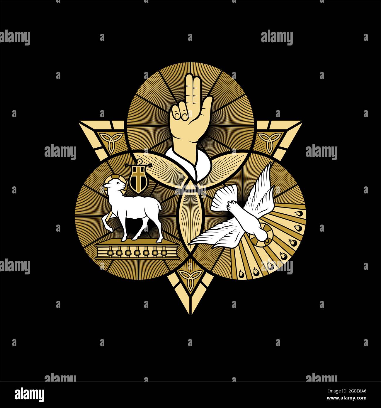 Christian illustration. The magnificent seal of the Holy Trinity: God the Father, God the Son and God the Holy Spirit. Indication of the symbols of th Stock Vector