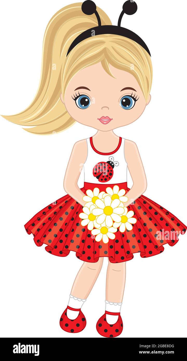 Vector Beautiful Girl Wearing Ladybug Antenna Headband and Holding