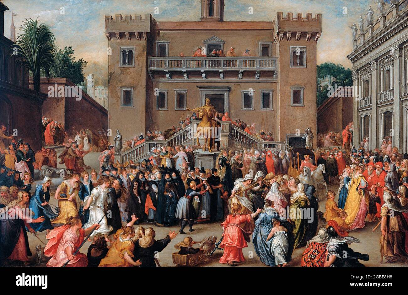 The Women of Rome Gathering at the Capitol - Pieter Isaacsz, circa 1600. Women from various countries and eras are seen storming the Capitol in ancient Rome in protest against a proposed ruling that would henceforth allow men to have two wives. This rumour had been spread by the young boy Papirius, seen standing at the far right between his mother (in yellow) and several senators (in red). Stock Photo