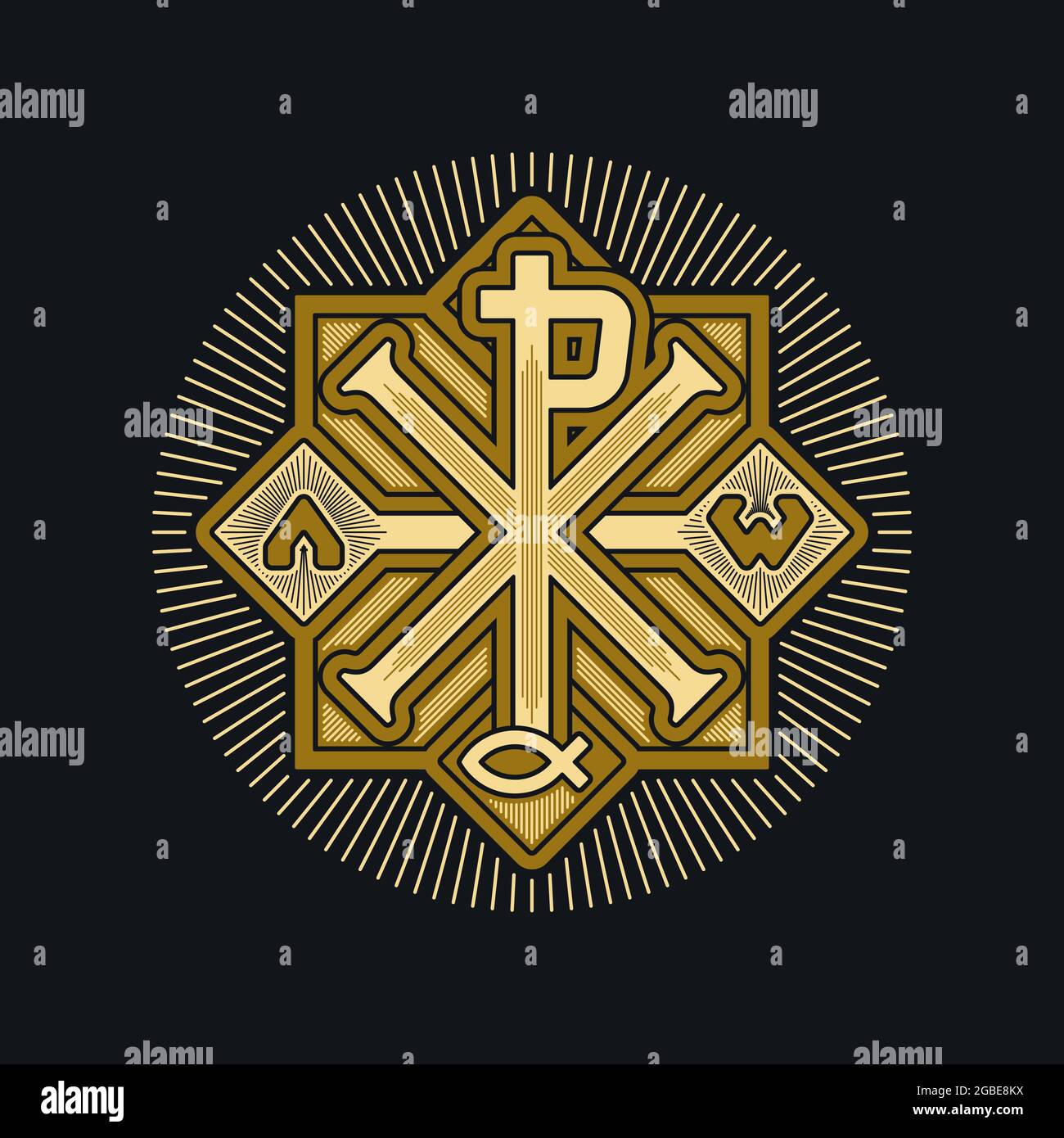 Christian illustration. Monogram of Jesus Christ - Chrismon. The symbols of eternity are alpha and omega. The sign of the fish is Jesus Christ, God th Stock Vector