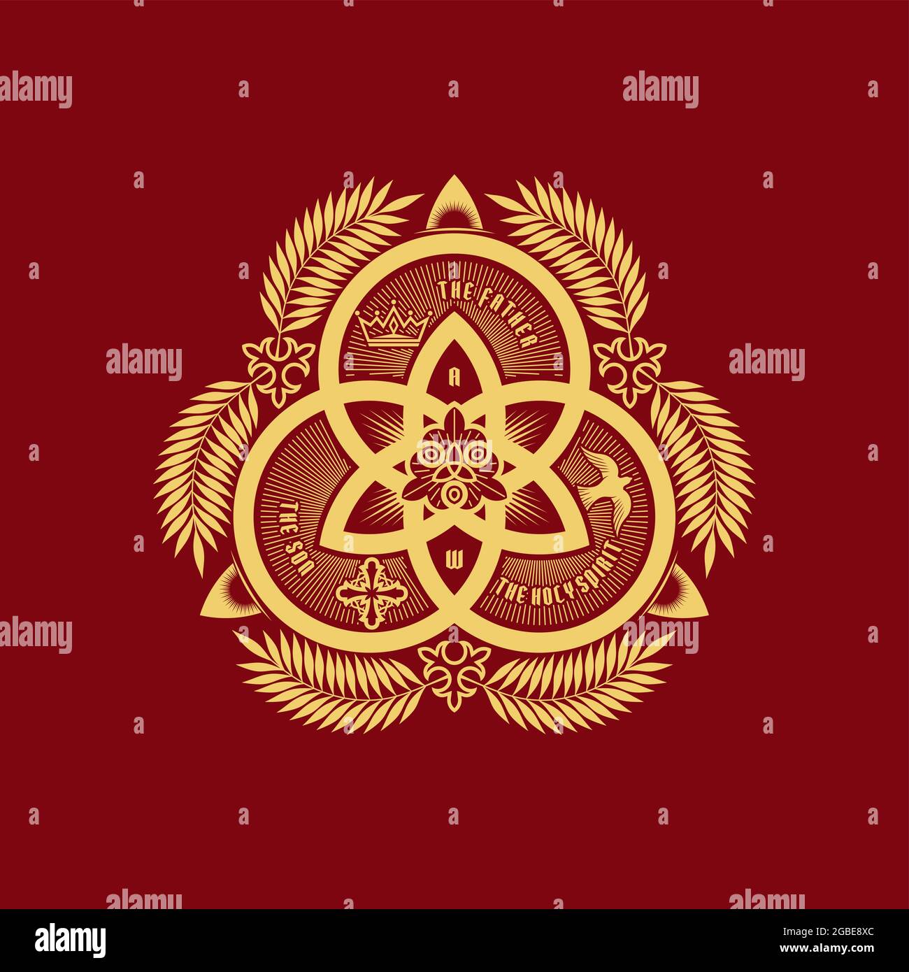 Christian illustration. The magnificent seal of the Holy Trinity: God the Father, God the Son and God the Holy Spirit. Indication of the symbols of th Stock Vector