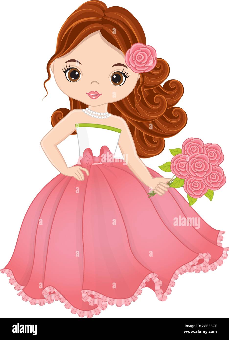 Vector Beautiful Young Girl Wearing Pastel Pink Long Dress and Holding Bouquet of Roses Stock