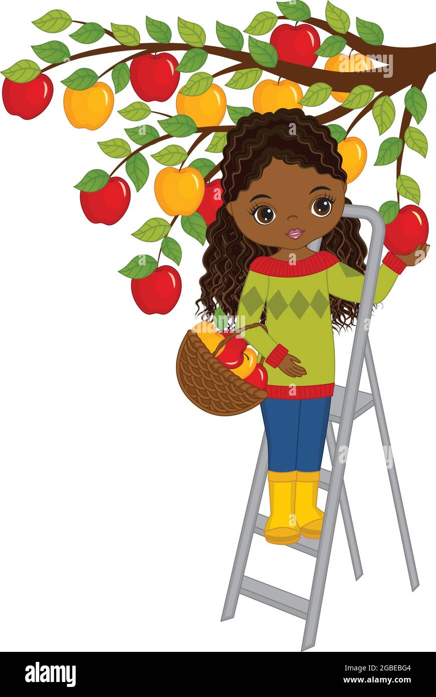 Beautiful Teen Black Girl Picking Apples from the Tree. Vector Young Girl with Apples Stock Vector