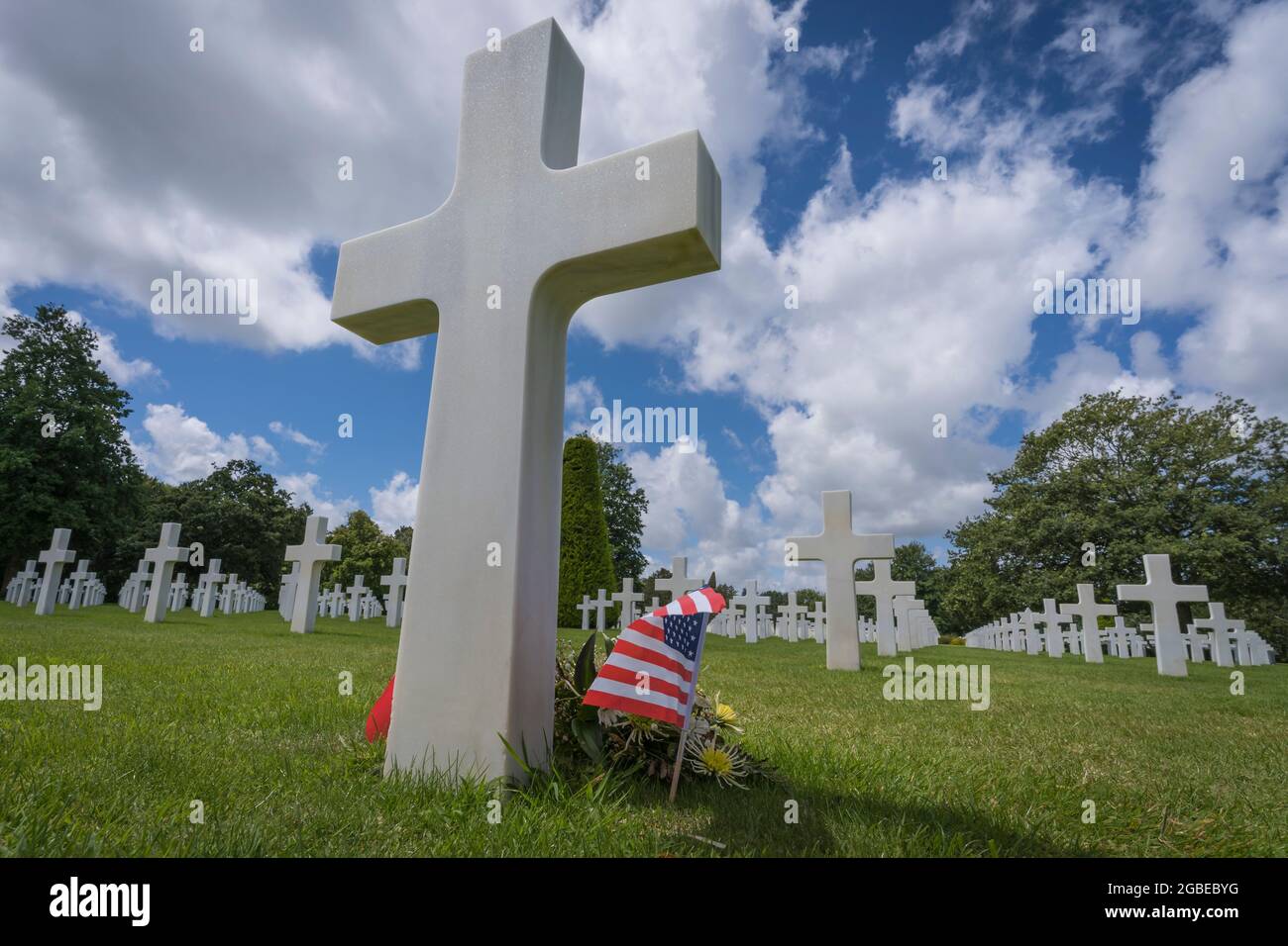 american grave cross on a war cemetery Stock Photo