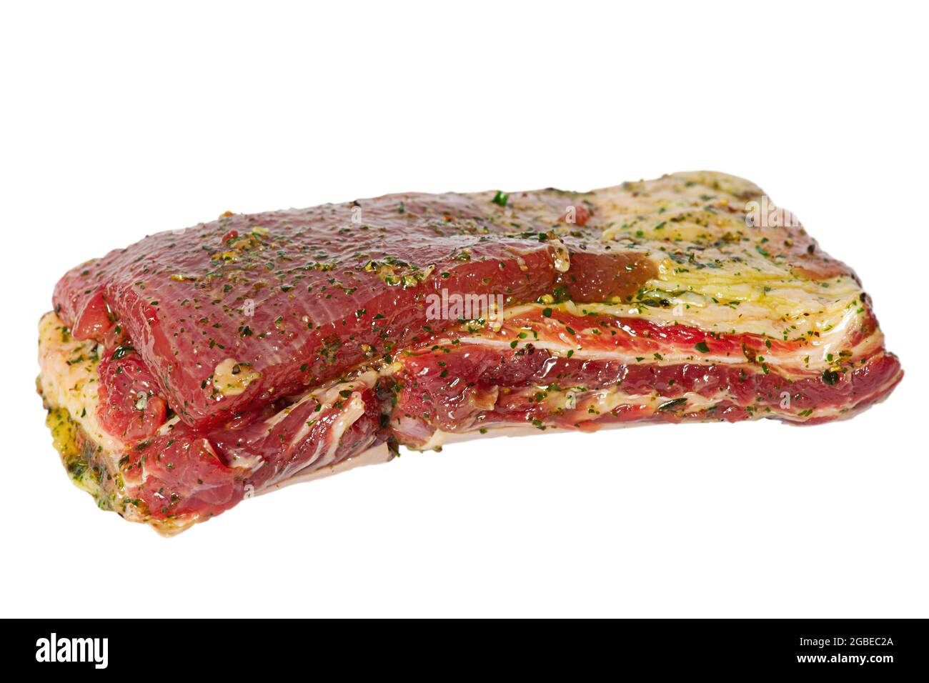 Beef meat marinated. Raw beef ribs marinated isolate. Stock Photo