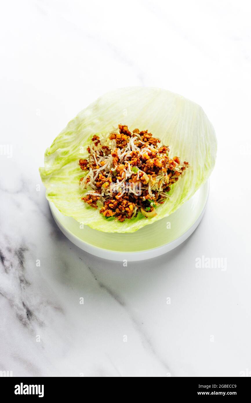 Pork Yuk Sung, Chinese Lettuce Wraps, Traditional Meal in China m- FOODPIX WHITE Stock Photo