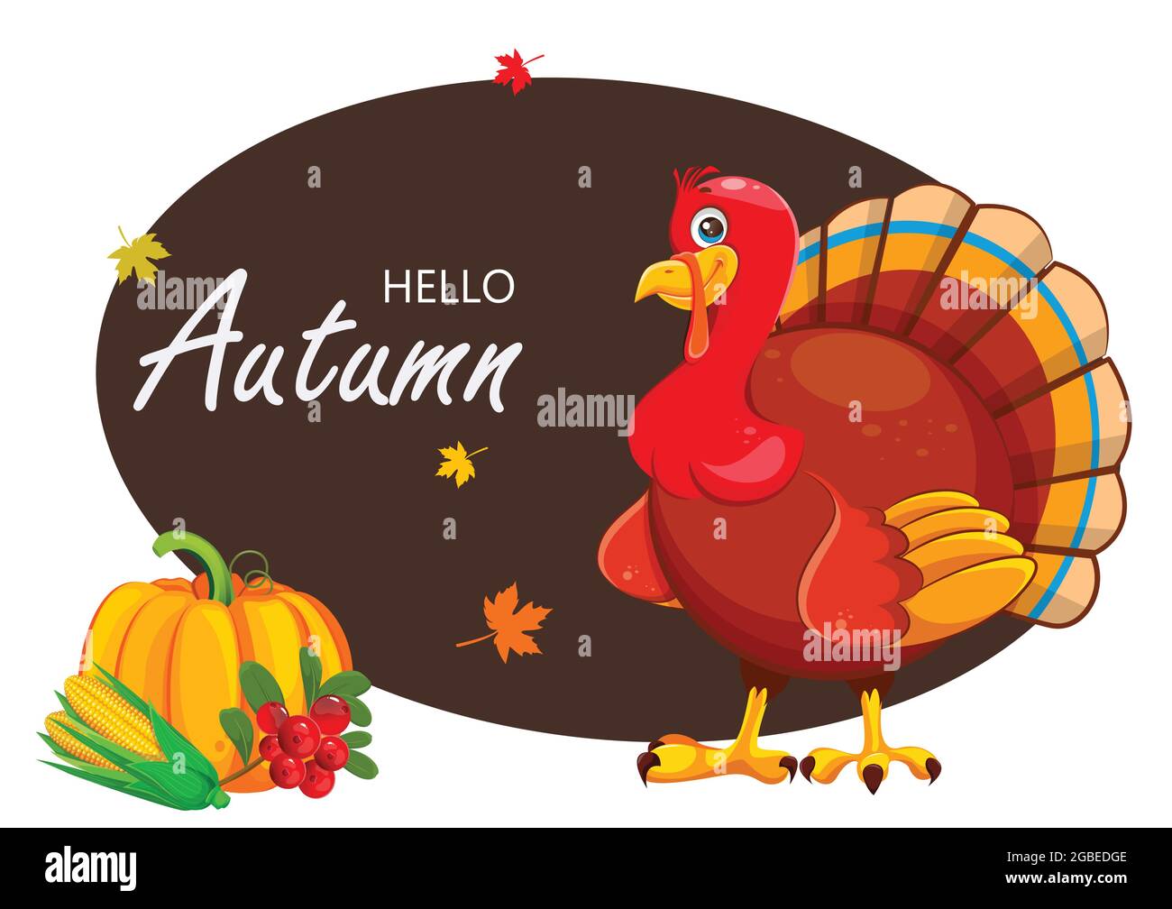 Hello Autumn. Cartoon turkey bird and harvest. Usable for Thanksgiving day greeting card. Stock vector illustration Stock Vector