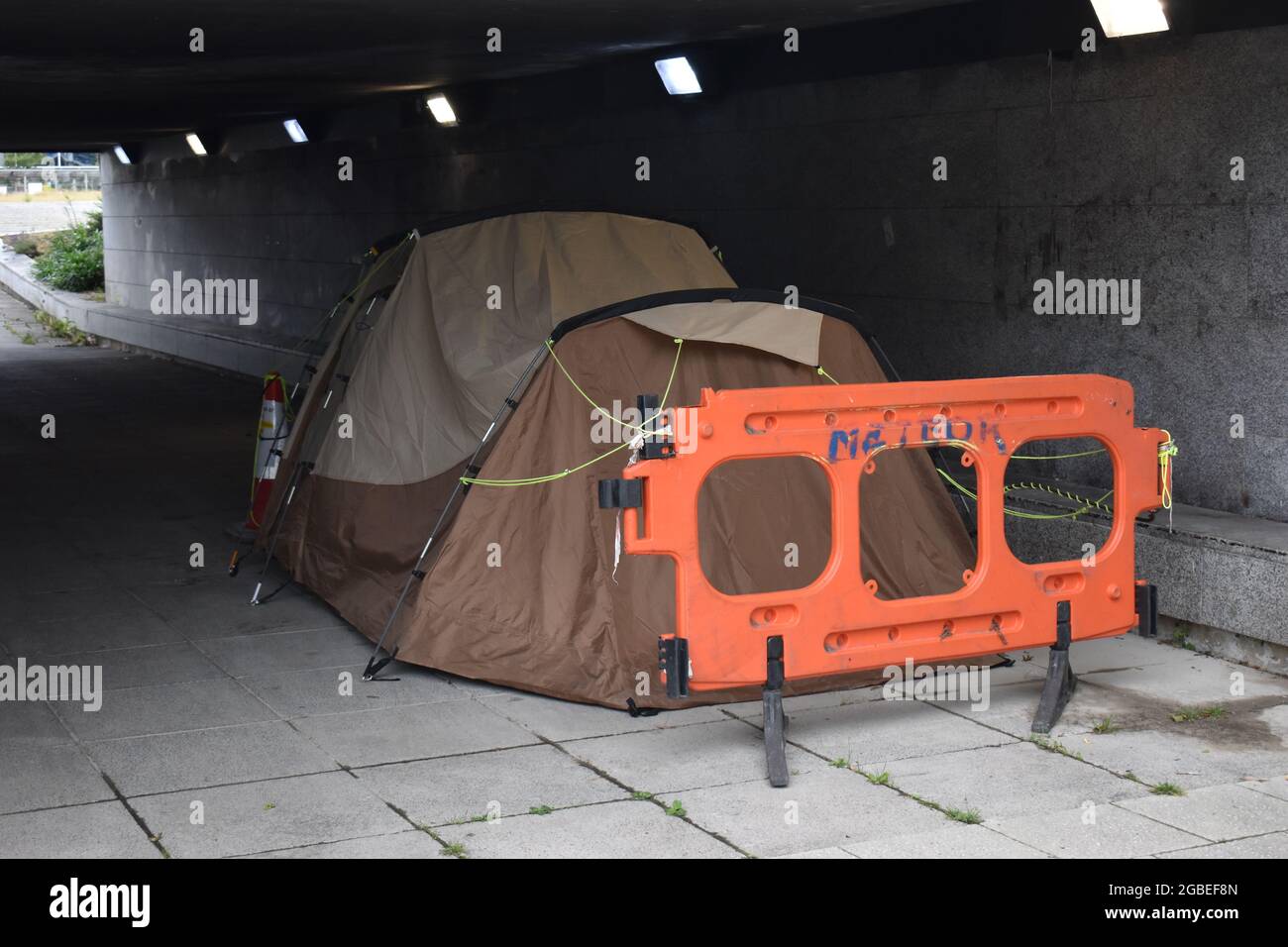 Homeless person's tent in an underpass in Central Milton Keynes. Stock Photo