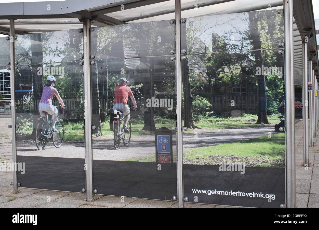 Trompe-l'œil advertising for Get Smarter Travel MK on the bike racks at Station Square, Milton Keynes. Stock Photo