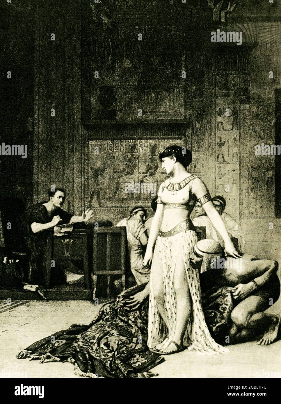 The caption on this 1903 image reads: “Cleopatra before Julius Caesar from painting by Gerome.” It appeared in the book History of Egypt by French Egyptologist Gaston Maspero. Aware that Caesar's diplomatic intervention could help her regain the throne. The year was about 48 B.C. From her brother Ptolemy XIII, Cleopatra hatched a scheme to sneak herself into the palace at Alexandria where Julius Caesar was at the time preparing for a conference to bring the warring siblings to an agreement. She wanted an audience with Caesar. She persuaded her servant Apollodoros to wrap her in a carpet (or, a Stock Photo