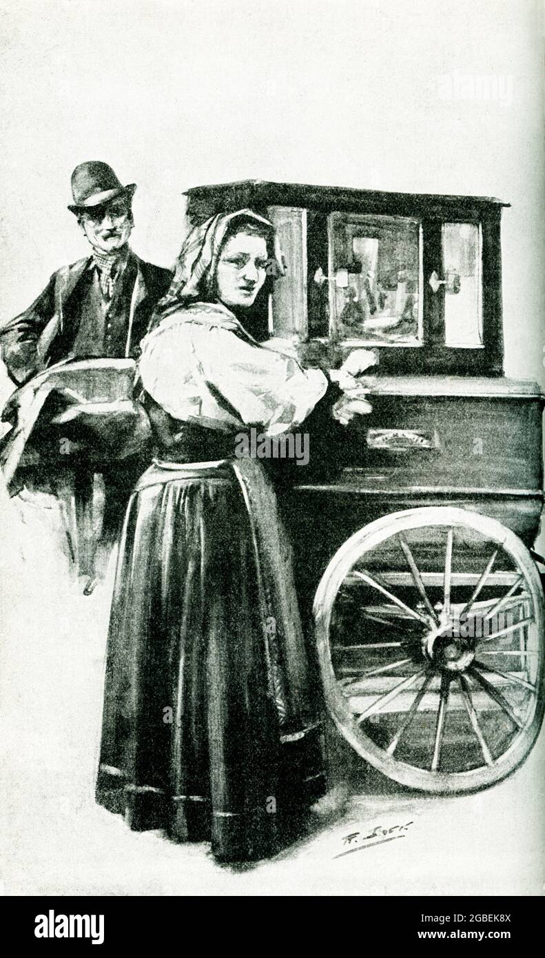 This 1895 illustration shows a piano organ-grinder. The organ grinder was a musical novelty street performer of the 19th century and the early part of the 20th century, and refers to the operator of a street or barrel organ. Stock Photo