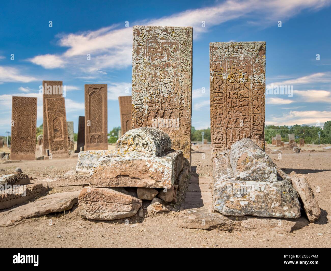 Bitlis, Turkey - September 2013: Tombstones from historical Seljuk Cemetery of Ahlat Stock Photo