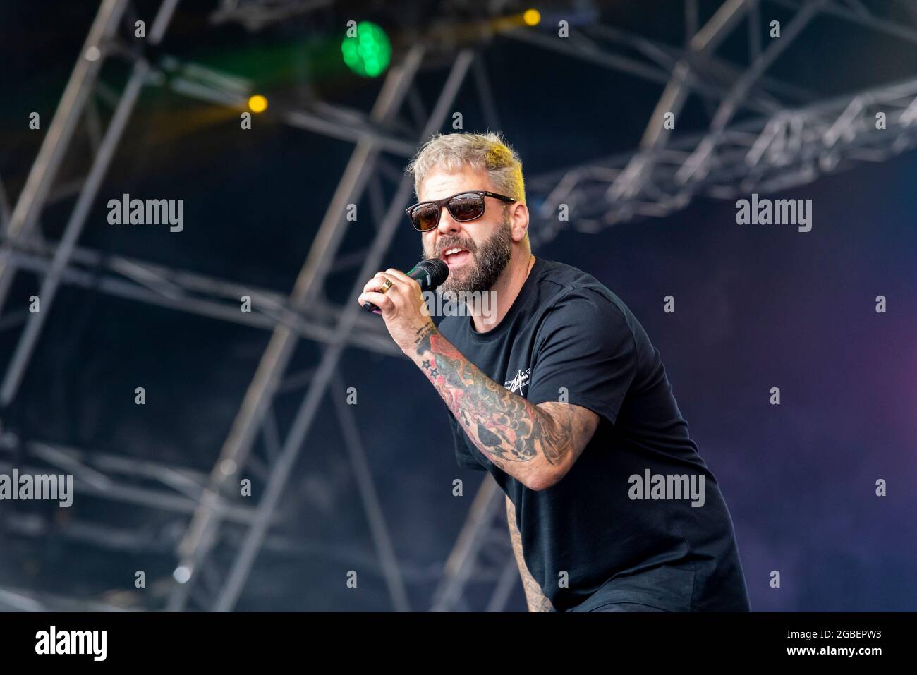 Scott Robinson of the band Five, stylised as 5ive, performing at Fantasia music festival in Maldon, Essex, UK. First concert after COVID 19 pandemic Stock Photo