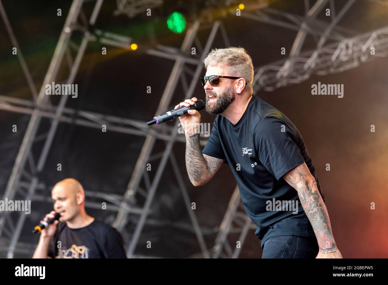 Scott Robinson of the band Five, stylised as 5ive, performing at Fantasia music festival in Maldon, Essex, UK. First concert after COVID 19 pandemic Stock Photo