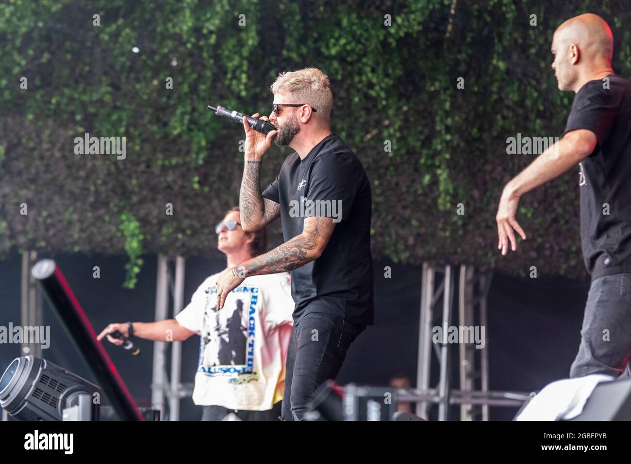 Sean Conlon, Ritchie Neville and Scott Robinson of the band Five, stylised as 5ive, performing at Fantasia music festival in Maldon, Essex, UK Stock Photo