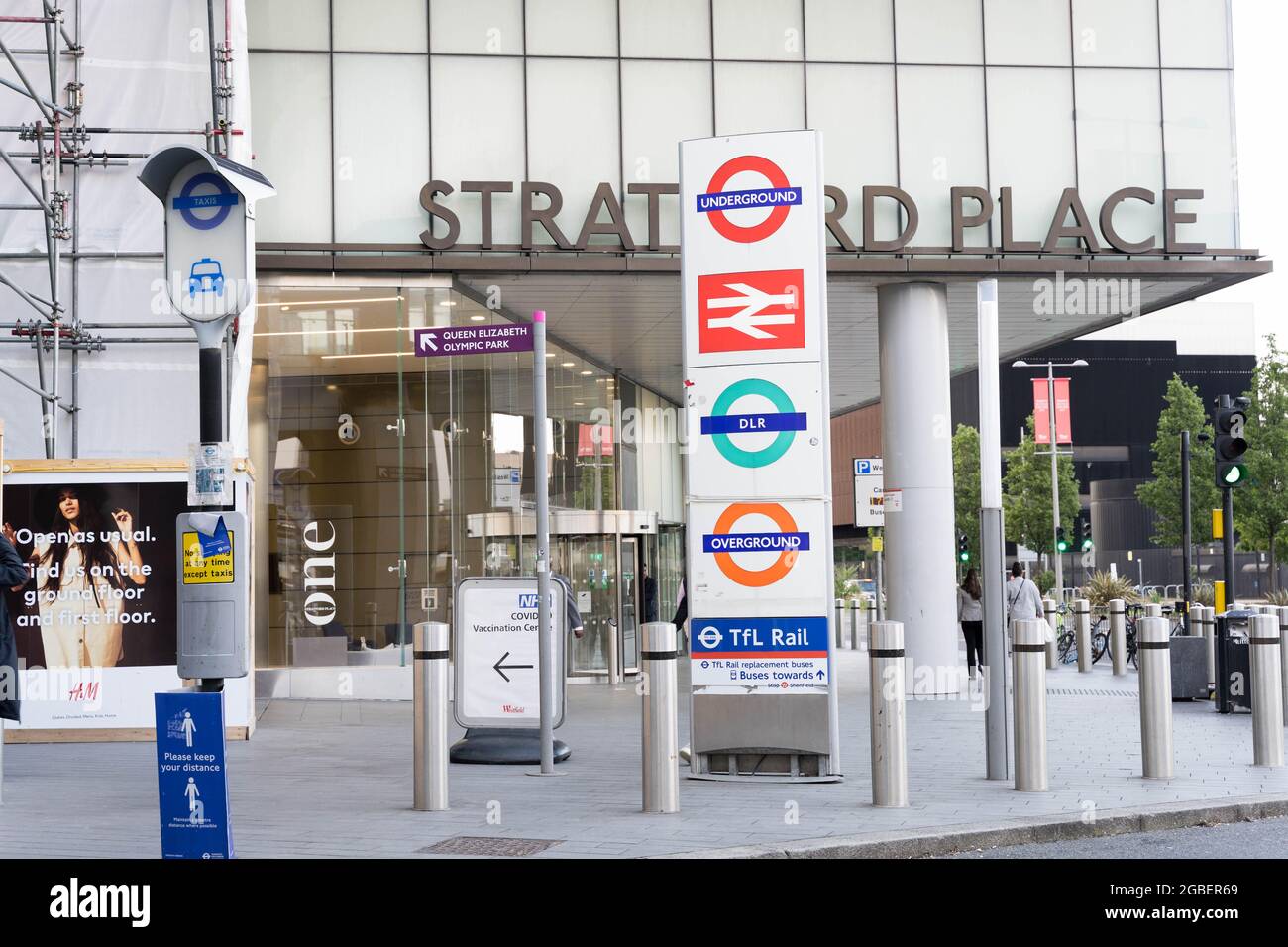 Multiple London transport rundles  signs at Stratford International station London England UK Stock Photo