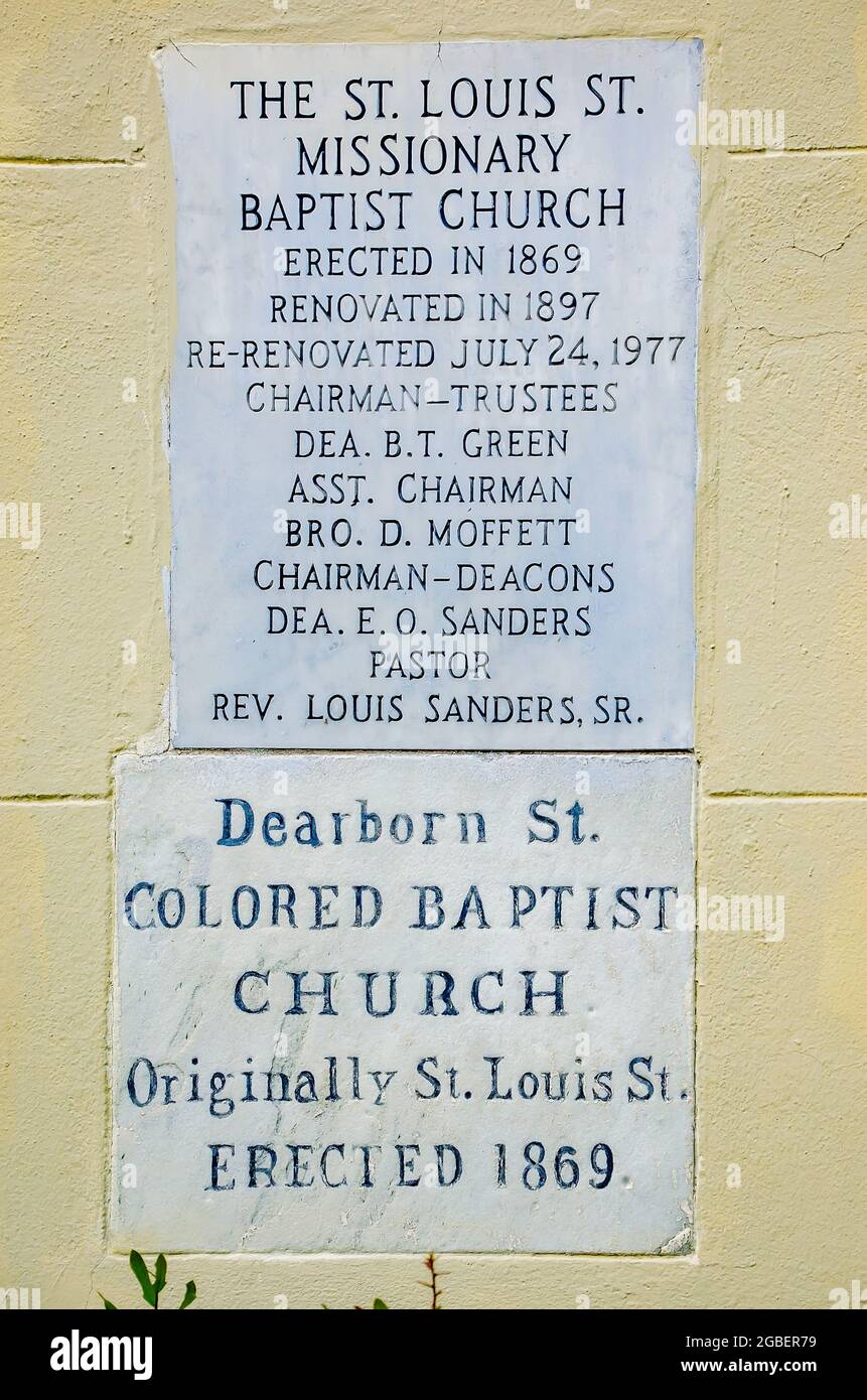 The cornerstone of St. Louis Street Missionary Baptist Church is pictured, Aug. 1, 2021, in Mobile, Alabama. The church was built in 1872. Stock Photo