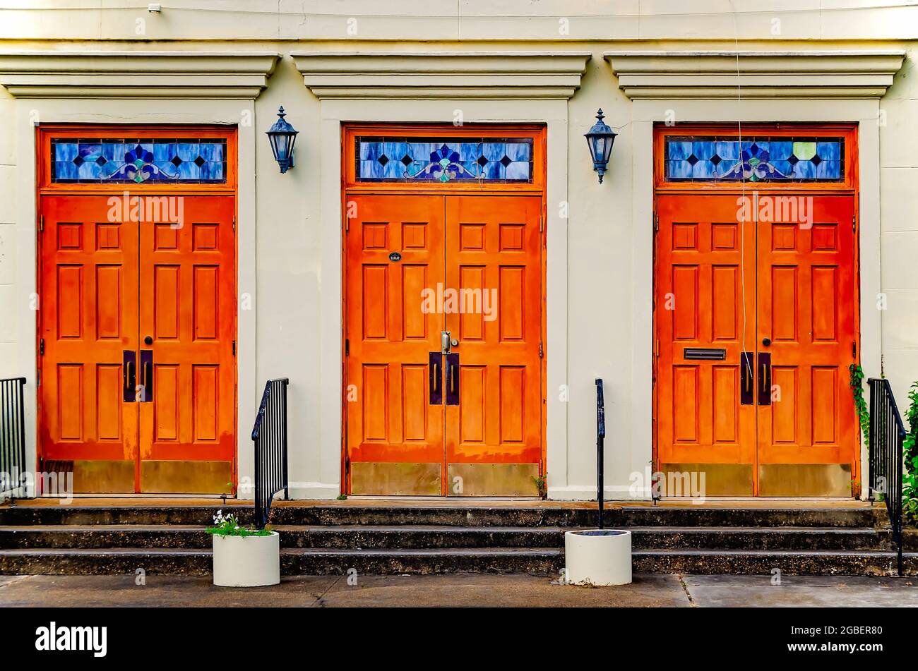 Doors at St. Louis Street Missionary Baptist Church are pictured, Aug. 1, 2021, in Mobile, Alabama. The church was built in 1872. Stock Photo
