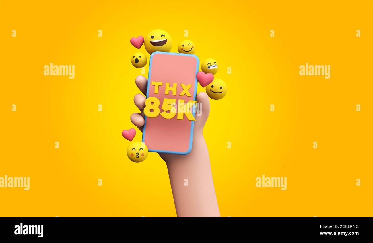 Thanks 85k social media supporters. cartoon hand and smartphone. 3D Render. Stock Photo