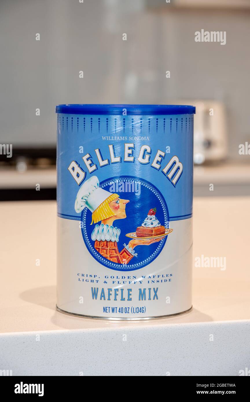 Calgary, Alberta july 29, 2021 Williams Sonoma Bellegem Waffle Mix container in kitchen Stock
