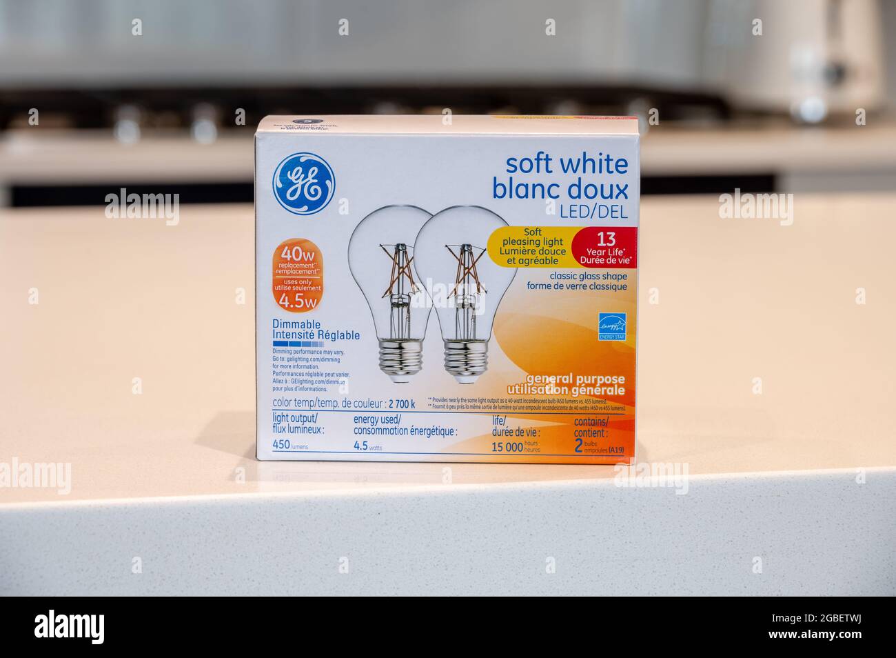 Calgary, Alberta July 29, 2021 Box of GE soft white LED lights Stock