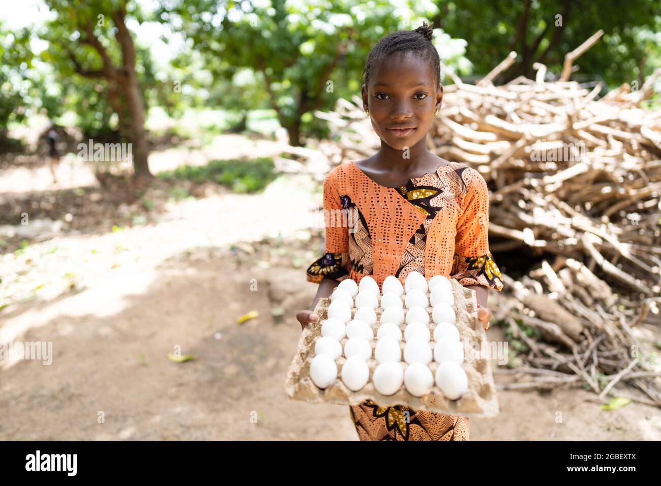 In this image, a smart black girl with big eyes and gentle smile, is standing in font of bundles of firewood, with a tray full of eggs Stock Photo