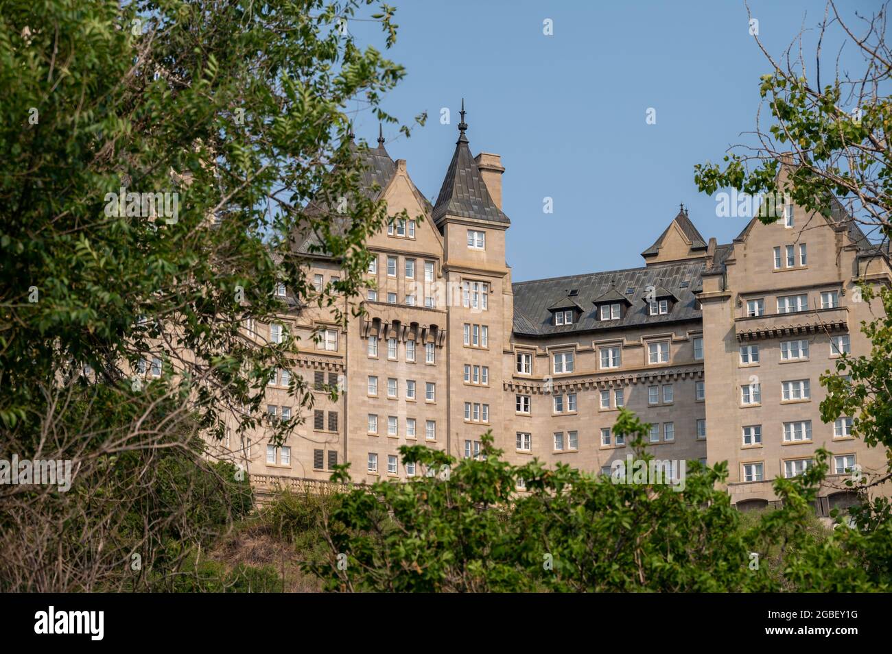 Edmonton, Alberta - July 30, 2021: Elevated view of the Hotel Macdonald in edmonton. Stock Photo