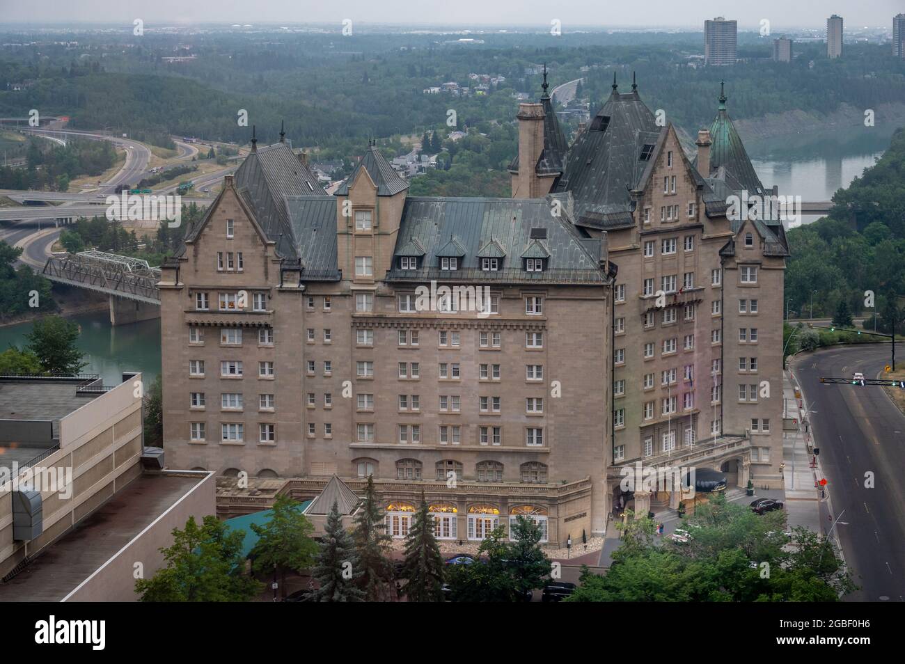 Edmonton, Alberta - July 30, 2021: Elevated view of the Hotel Macdonald in edmonton. Stock Photo